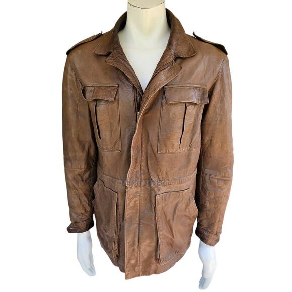 Vintage 1970s Cortefiel de España Leather Jacket Men’s 38 Brown Field Utility - Picture 1 of 16